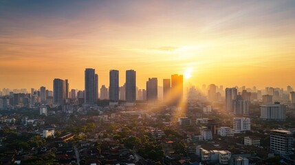 Fototapeta premium Sunrise over urban skyline. Cityscape at dawn