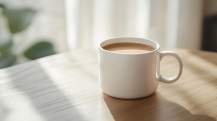 White Mug of Coffee on Wooden Table in Sunlight