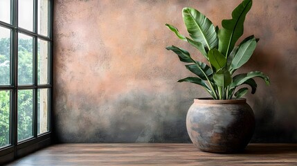 Elegant Brown Brick Wall with Green Plant in Modern Interior Space
