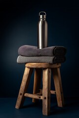 2 gray towels on the wooden table and a stainless steel bottle.