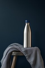 A stainless steel water bottle sits a top a wooden stool, with an oversized grey towel beside it. 