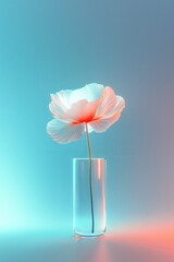 A minimalistic design of an elegant flower in a glass vase with a gradient background in light blue.