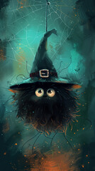 Cute fluffy spider in a witch's hat. AI Generated