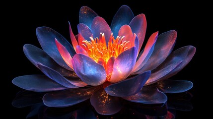 Glowing Blue Red Lotus Flower with Sparkles on Dark Background