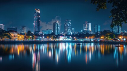 Obraz premium Night city skyline reflected in calm water