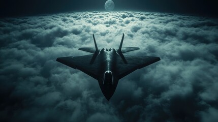 Naklejka premium Futuristic jet aircraft soaring above a vast cloud field at night, lit by moonlight