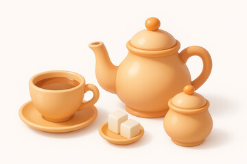 Simple Themed Tea Set with Teapot, Cup, and Sugar Cubes on Plate. Concept of Cozy Tea Time, Relaxation, Warm Beverage, Leisure Activity, Tranquility. Isolated on white background