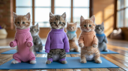 Kittens in colorful sweaters practice yoga on blue mats indoors. AI Generated