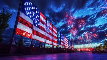 Patriotic illuminated flags with fireworks display