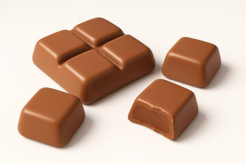 Fototapeta premium 3D chocolate candy bars and squares isolated on white background. Concept of sweet dessert, tasty treat, chocolate snack, confectionery product