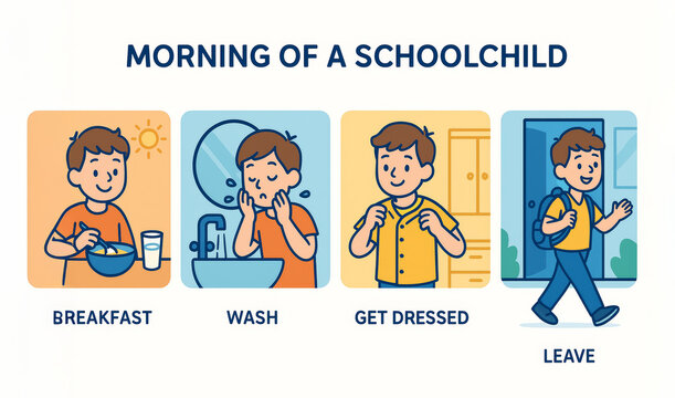 Morning Routine of a Schoolchild Illustration Featuring Breakfast, Hygiene, and Dressing in Simple Style. Concept of Daily Habits, Child Development, and Morning Preparation. white background