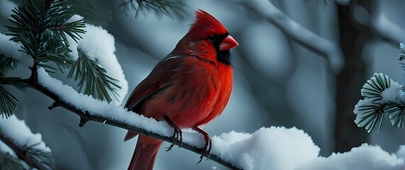 Bright scarlet cardinal perched on snow covered branch surrounded by rich evergreen foliage