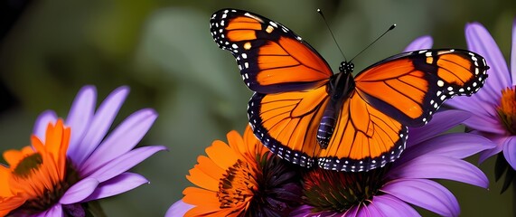 Bright orange monarch butterfly resting on purple coneflower petals wings detailed with black and white markings