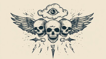 Three winged skulls, eye cloud, lightning, tattoo design