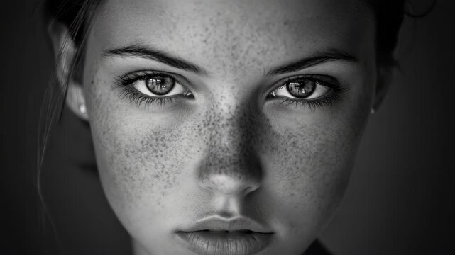 Close up portrait of a young woman with freckles in black and white with stunning eyes and dramatic lighting