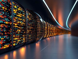 Modern server room filled with glowing data centers.