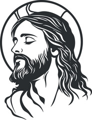 Black and white line art illustration of Jesus Christ with a halo and long hair in profile view