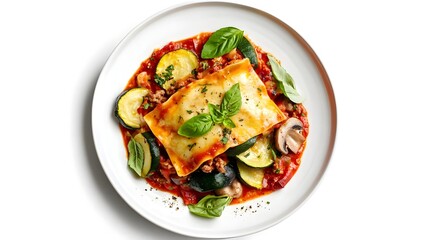 Lasagne Dish with Cheese, Basil, Ground Meat, and Vegetables