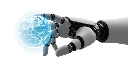 A robotic hand holding a glowing blue earth globe on a white background in a studio setting