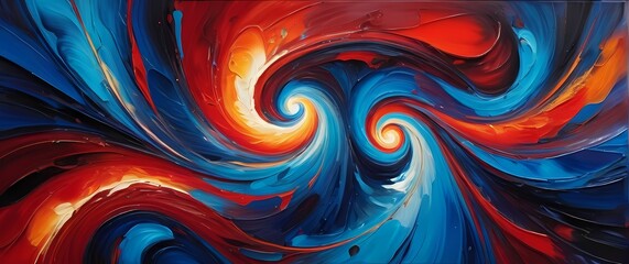 Artistic oil painting swirls combining vibrant reds and blues in bold abstract expressionist style