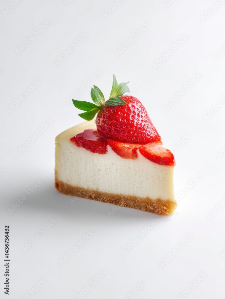 Poster minimal cheesecake slice topped with fresh strawberry on a clean white background showcasing soft sh
