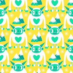 Winter monsters seamless Christmas yeti pattern for wrapping paper and fabrics