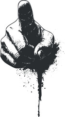 Black and white grunge style illustration of a hand with an index finger pointing forward isolated on white background