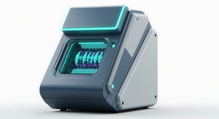 A futuristic device with a glowing interior and a sleek design on a bright white background studio shot