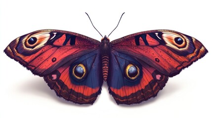 Red butterfly wings spread, white background, nature, illustration, stock photo