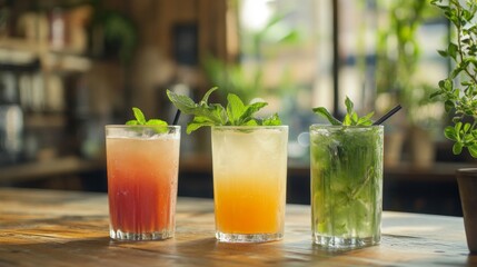 Fototapeta premium Three Colorful Cocktails with Mint Garnishes on Wooden Bar
