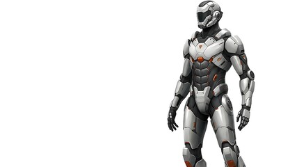 A full body view of a futuristic armored character in a white and gray suit on a white background