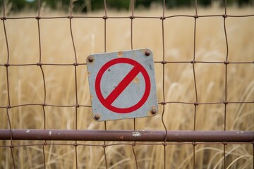 A small metal sign with a red crossed-out symbol inside a red circle, attached to a rusty fence. The background shows a dry field with tall grass