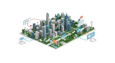 Isometric city model with digital overlays showing data connections and infrastructure elements