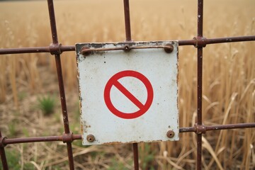 A small metal sign with a red crossed-out symbol inside a red circle, attached to a rusty fence. The background shows a dry field with tall grass