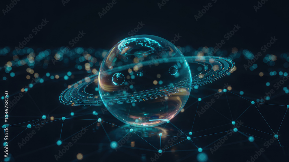 Poster cosmic sphere with orbital rings: a futuristic digital rendering of a planet with vibrant orbital ri