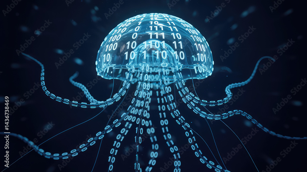Poster digital jellyfish: an elegant depiction of a jellyfish composed of binary code, symbolizing the fusi