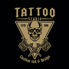 Tattoo studio vector vintage style emblem with skull and tattoo machine. Perfect for emblems, apparel, stickers, and branding. Bold, edgy design for professional tattoo artists and enthusiasts