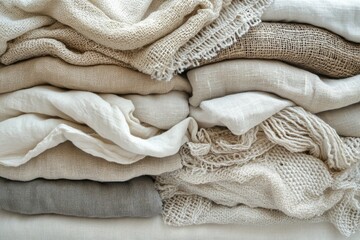 A stack of various neutral-toned linen fabrics, showcasing textures and weaves.