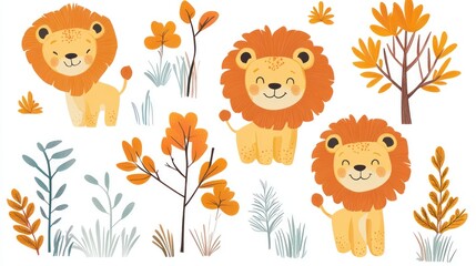 Cute lion cubs autumn foliage illustration