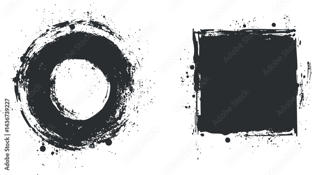 Poster black grunge circle and square frames with paint splatters and rough textured edges on white backgro