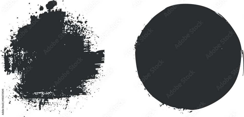 Poster two black paint splatter textures including a rough grunge splatter and a solid circle shape on whit