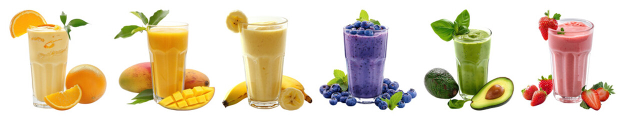 PNG Colorful fresh fruit smoothies, element set on transparent background