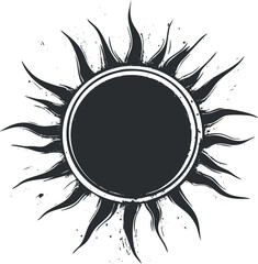 Black and white grunge sun illustration with abstract rays in a circular design