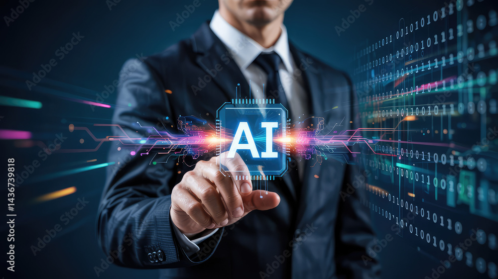 Poster digital frontier: a man in a suit with finger pointing at the digital ai symbol, representing techno