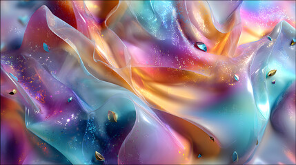 Obraz premium Iridescent background with chaotic holographic patterns and soft glow.