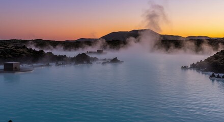Obraz premium Exploring Iceland's Famous Blue Lagoon Geothermal Spa at Dusk