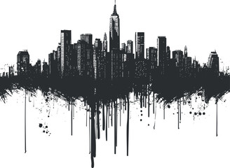 Black and white grunge style city skyline silhouette with dripping paint effect on white background © vadymstock