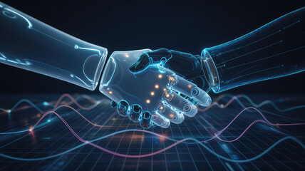 Cybernetic Handshake: A futuristic vision of collaboration, two robotic hands interlock in a handshake, symbolizing partnership, progress, and the fusion of human and artificial intelligence.