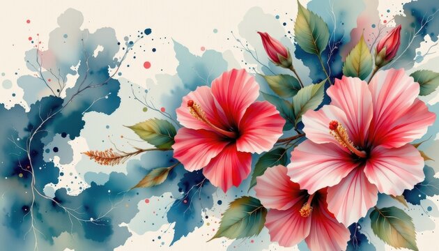 A serene watercolor panorama of hibiscus blooms, in a flowing watercolor style, with crimson and pale pink tones, on textured paper, sweeping strokes, soft gradients, tranquil essence