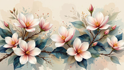 A serene watercolor panorama of magnolias, in a flowing watercolor style, with ivory and blush tones, on textured paper, sweeping strokes, soft gradients, tranquil essence, ascending floral layout